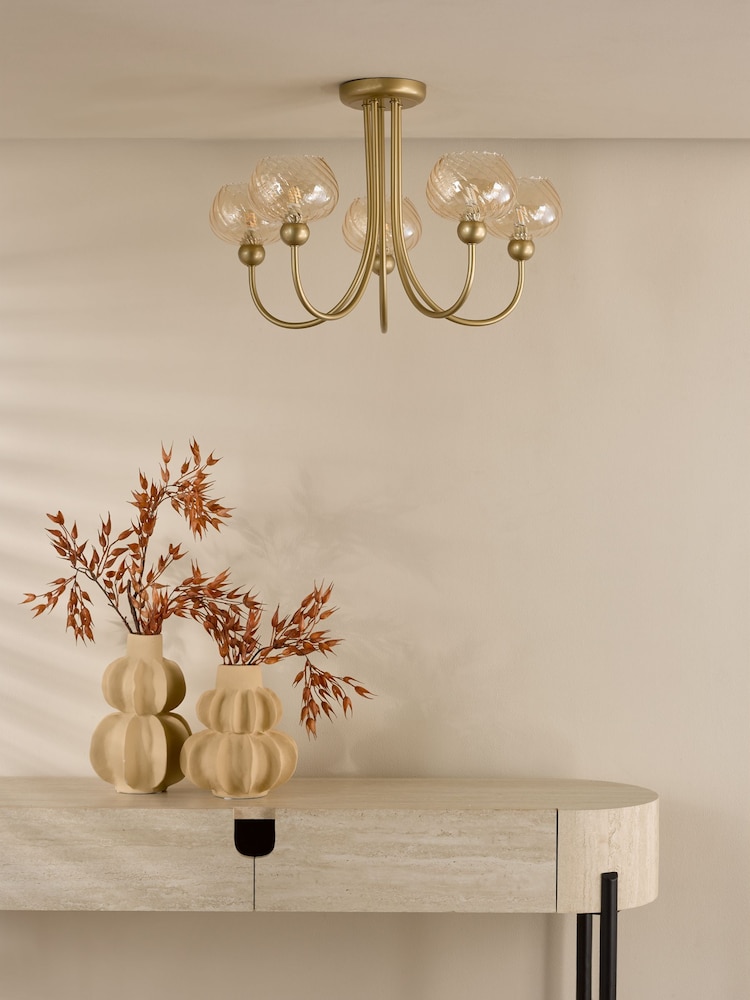 Dar Lighting Satin Gold & Champagne Ribbed Glass Cognac 5lt Semi Flush - Image 2 of 6