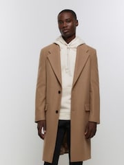 River Island Brown Premium Wool Overcoat - Image 1 of 4