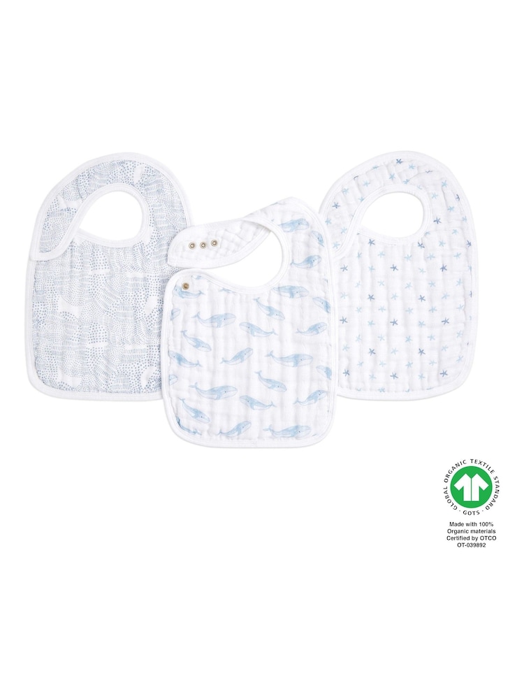 aden + anais White Rising Star 100% Cotton Muslin Snap Bibs 3 Pack - Image 1 of 3