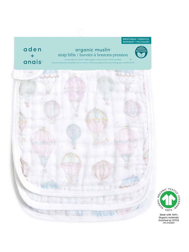 aden + anais White Rising Star 100% Cotton Muslin Snap Bibs 3 Pack - Image 2 of 3