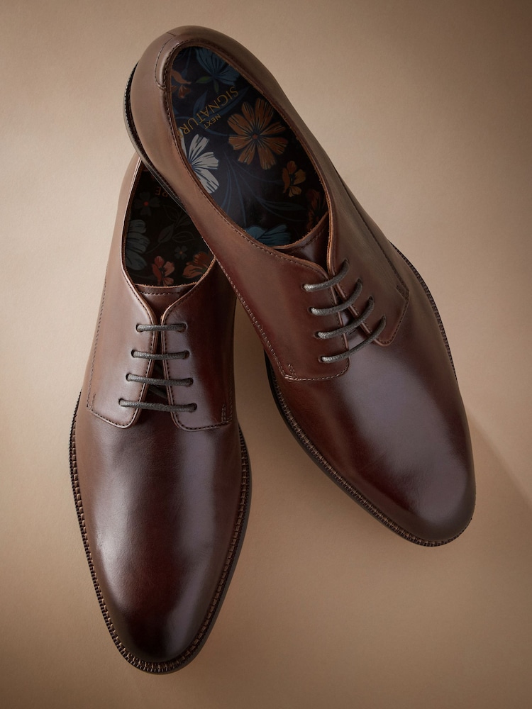 Tan Brown Signature Leather Sole Derby Lace-Up Shoes - Image 3 of 5