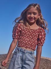 Cinnamon Brown Ditsy Printed Shirred Blouse (3-16yrs) - Image 1 of 1