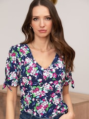 Pour Moi Navy Blue Floral Bella V-Neck Blouse - Image 3 of 5