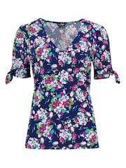 Pour Moi Navy Blue Floral Bella V-Neck Blouse - Image 4 of 5