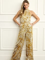 Gold Statement Sequin Halter Neck Wide Leg Jumpsuit - Image 1 of 4