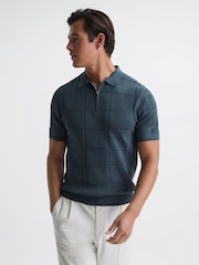 Reiss Airforce Blue Mosaic Half Zip Textured Polo Shirt - Image 1 of 6