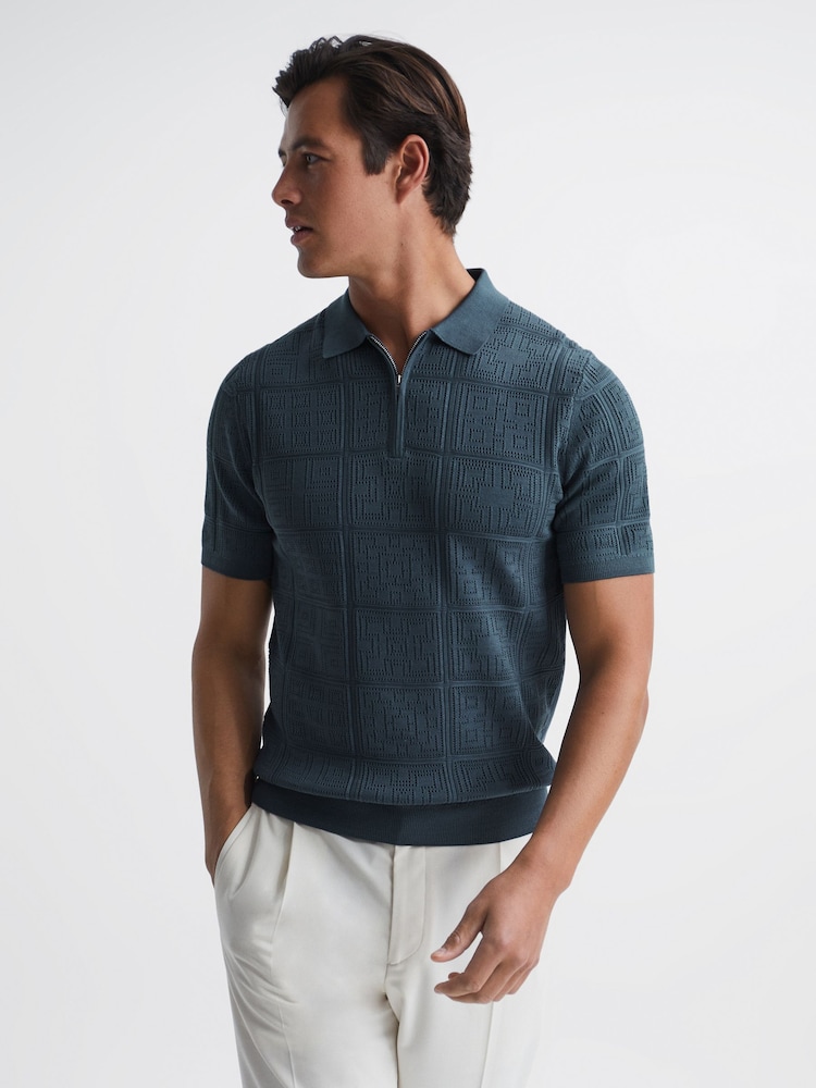Reiss Airforce Blue Mosaic Half Zip Textured Polo Shirt - Image 1 of 6