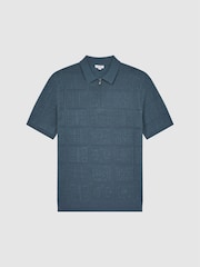 Reiss Airforce Blue Mosaic Half Zip Textured Polo Shirt - Image 2 of 6