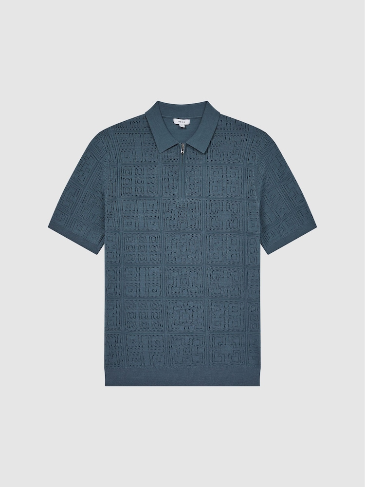 Reiss Airforce Blue Mosaic Half Zip Textured Polo Shirt - Image 2 of 6