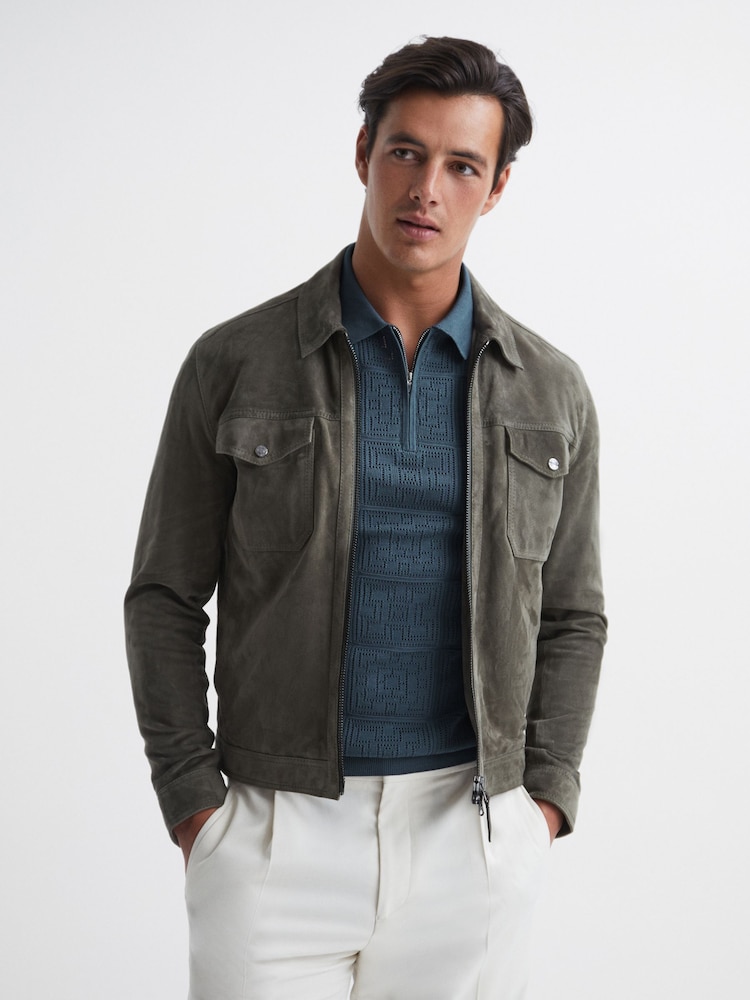 Reiss Airforce Blue Mosaic Half Zip Textured Polo Shirt - Image 6 of 6
