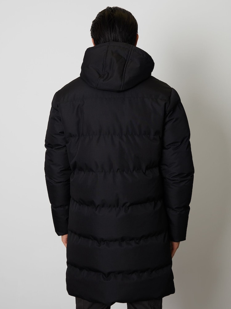 Threadbare Black Luxe Showerproof Longline Hooded Padded Coat - Image 2 of 5