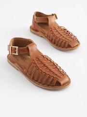 Tan Brown Woven Leather Fisherman Sandals - Image 1 of 5