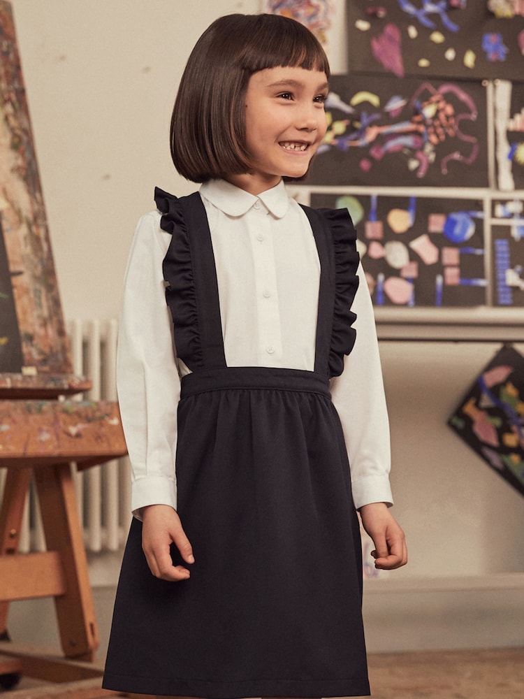 Navy Blue/White Ruffle School Pinafore And Long Sleeve Shirt Set (3-14yrs) - Image 1 of 7
