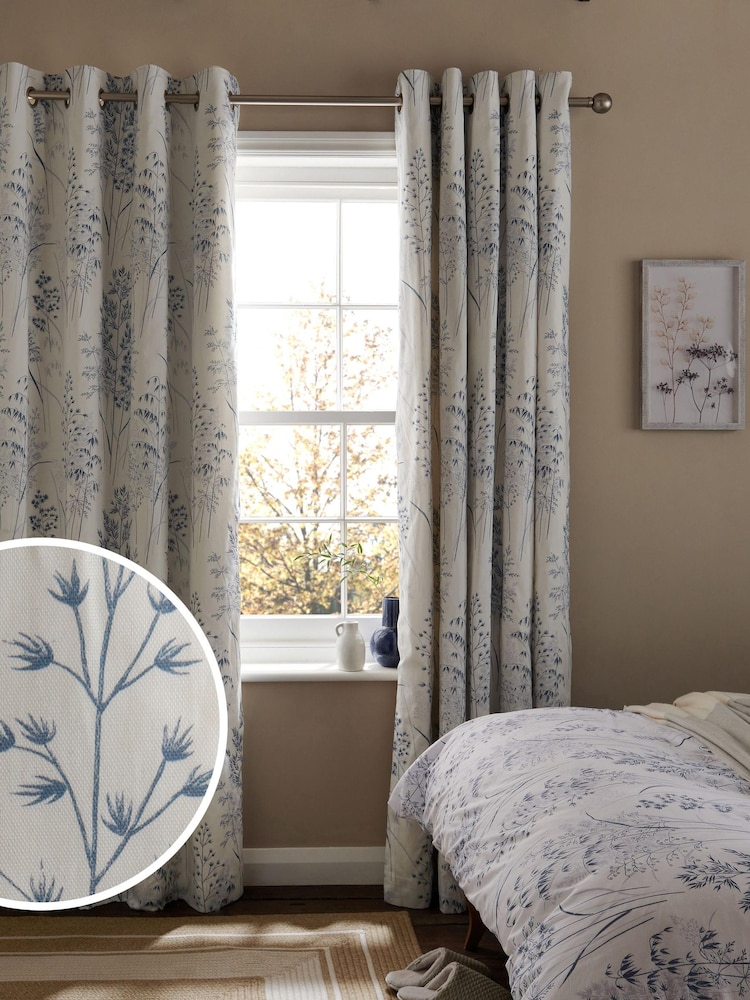 White/Blue Floral Next Cotton Floral Eyelet Blackout/Thermal Curtains - Image 1 of 6