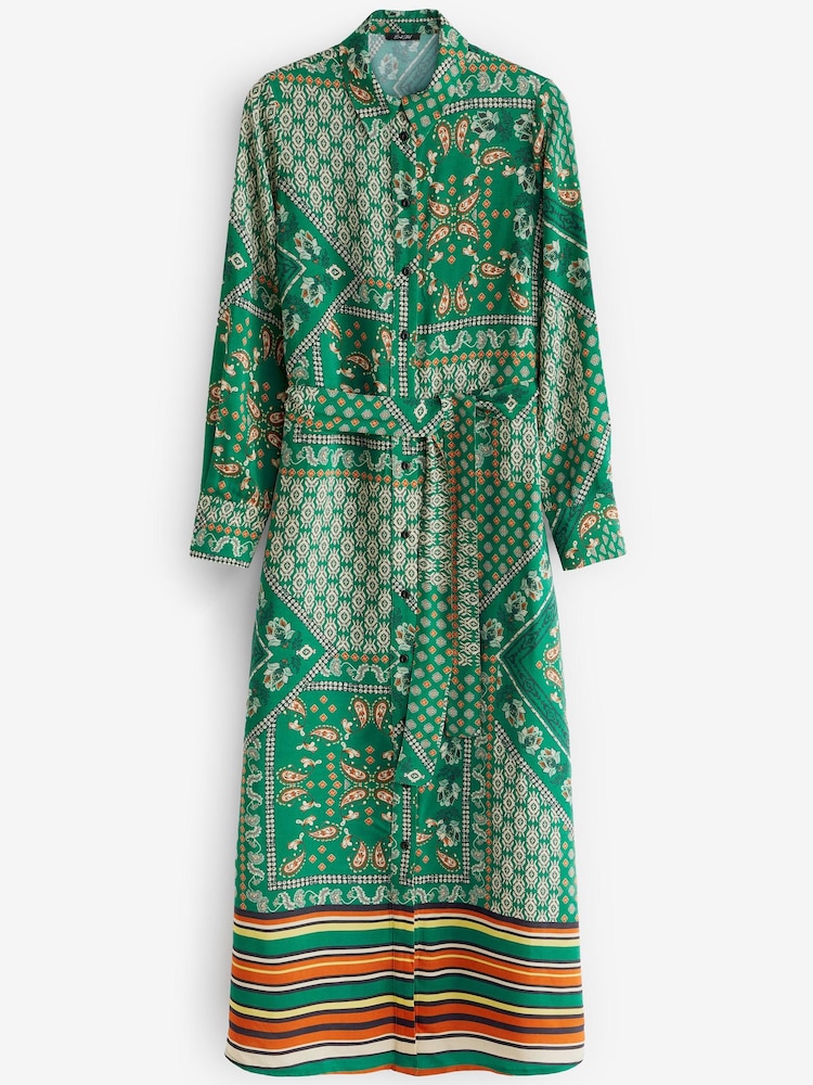 Grün mit Foulardmuster - Langärmeliges Midi-Hemdkleid mit Gürtel - Bild 4 von 4
