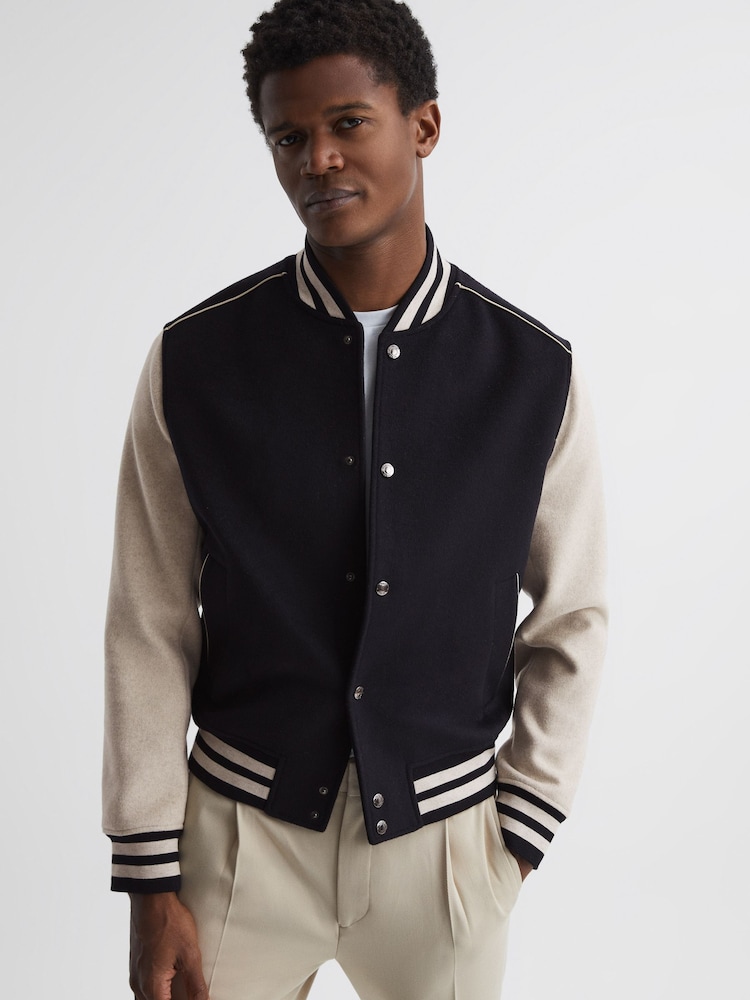 Reiss Navy/Stone Kansas Varsity Bomber Jacket - Image 1 of 6
