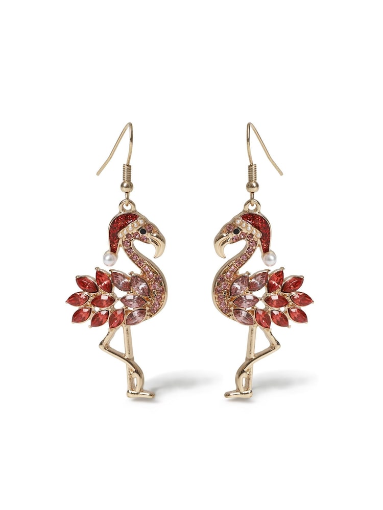 Aela Pink Christmas Flamingo Drop Earrings - Image 2 of 3