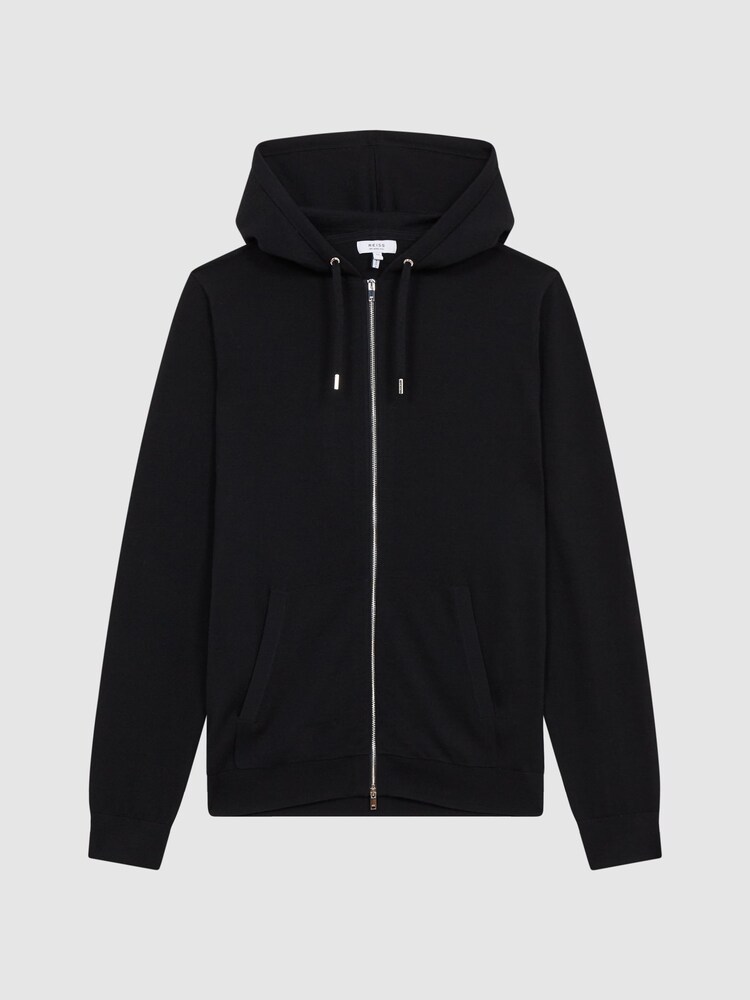 Reiss Black Newman Zip Through Merino Hoodie - Image 2 of 6