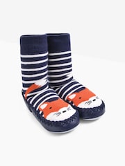 JoJo Maman Bébé Navy Blue Ecru Cream Stripe Moccasin Slipper Socks - Image 1 of 2