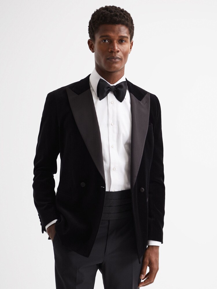 Reiss Black Blast Wool Blend Patterned Cummerbund Tie - Image 1 of 5 Reiss Black Blast Wool Blend Patterned Cummerbund Tie - Image 1 of 5