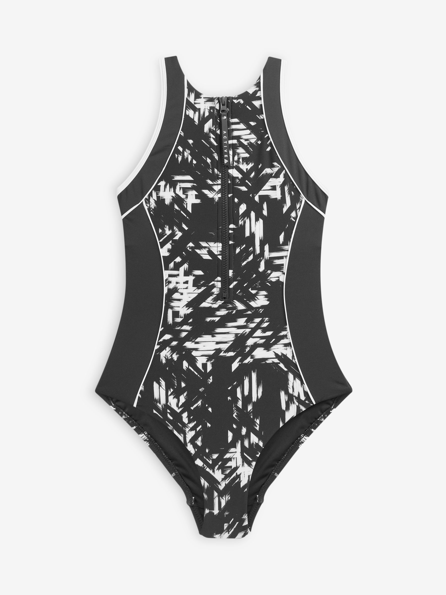Black and white zip swimsuit shop