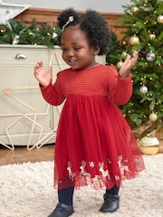 JoJo Maman Bébé Red Reindeer Party Dress - Image 1 of 6