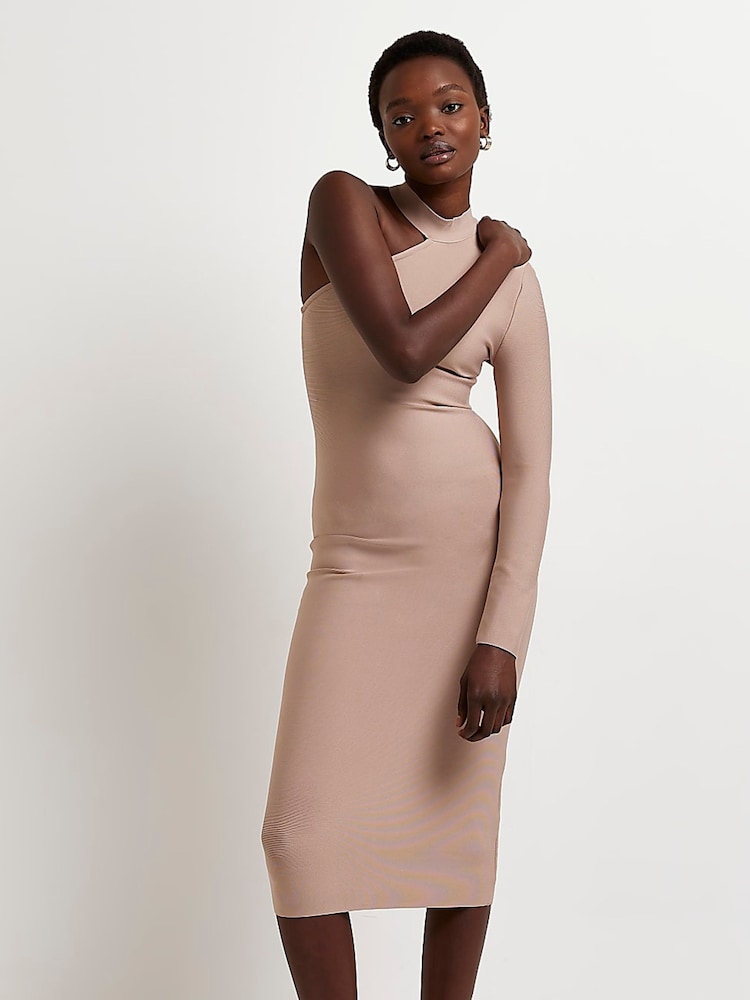 River Island Natural One Shoulder Bandage Midi Dress - Image 1 of 5