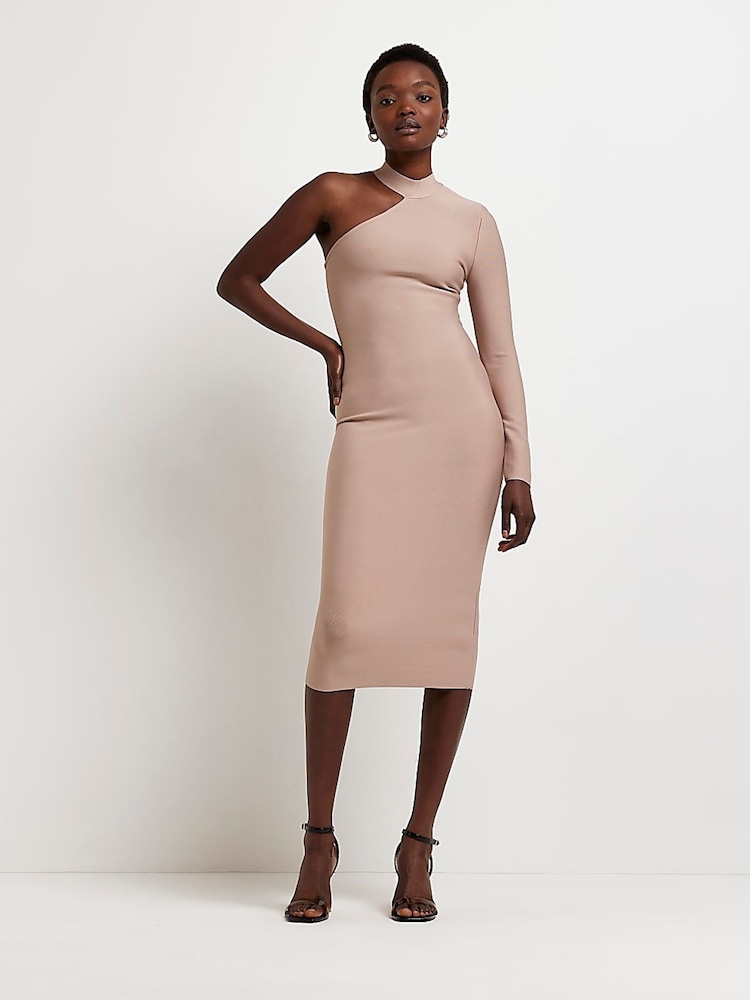 River Island Natural One Shoulder Bandage Midi Dress - Image 2 of 5