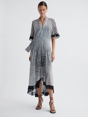 Reiss Black/White Anaya Check Removable Neck Tie Midi Dress - Image 1 of 5