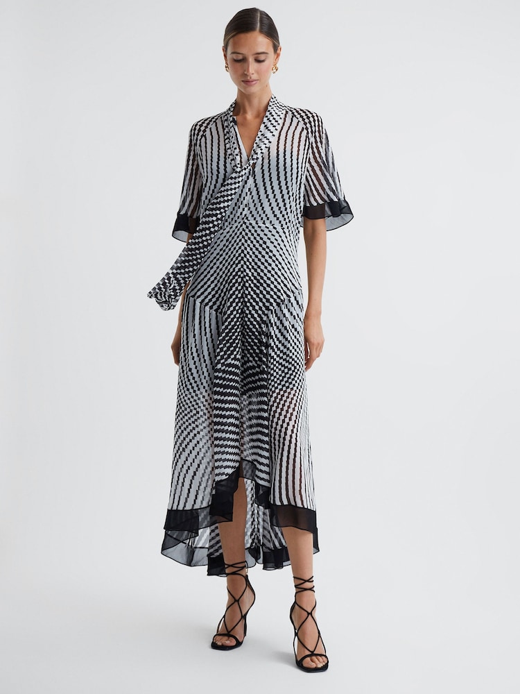 Reiss Black/White Anaya Check Removable Neck Tie Midi Dress - Image 1 of 5