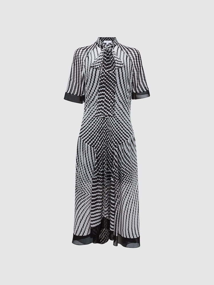 Reiss Black/White Anaya Check Removable Neck Tie Midi Dress - Image 2 of 5