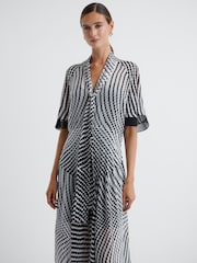 Reiss Black/White Anaya Check Removable Neck Tie Midi Dress - Image 3 of 5