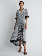 Reiss Black/White Anaya Check Removable Neck Tie Midi Dress - Image 4 of 5