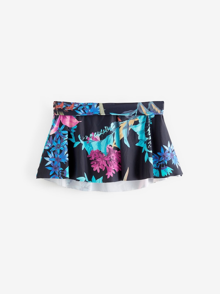 Navy Blue Floral Swim Skirt Bikini Bottoms - Image 4 of 5