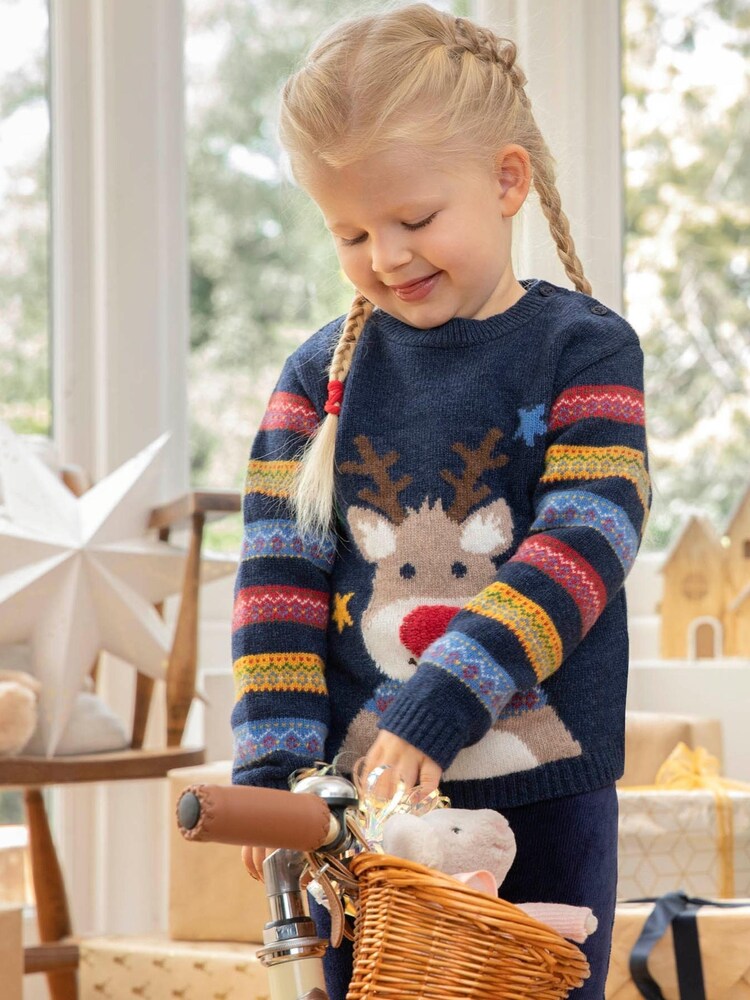 JoJo Maman Bébé Navy Reindeer Jumper - Image 6 of 6