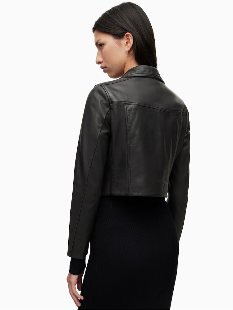 AllSaints Black Elora Black Cropped Slim Leather Biker Jacket - Image 3 of 9