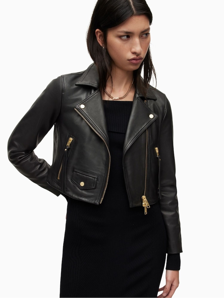 AllSaints Black Elora Black Cropped Slim Leather Biker Jacket - Image 6 of 9