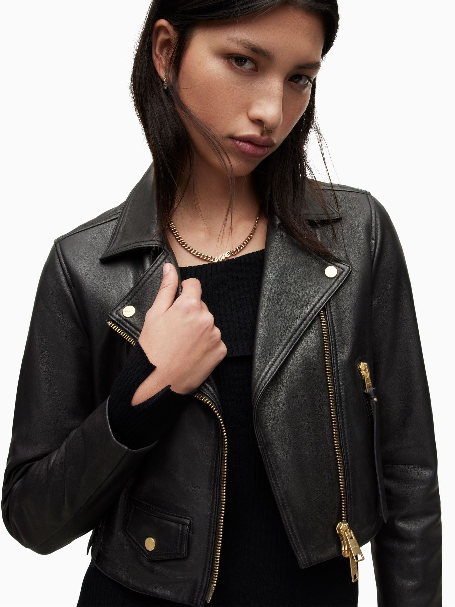 Buy AllSaints Black Elora Black Cropped Slim Leather Biker Jacket