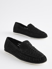 Black Woven Detail Contrast Sole Loafers - Image 1 of 6