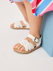 White Leather Standard Fit (F) Leather Woven Ankle Strap Sandals - Image 1 of 8
