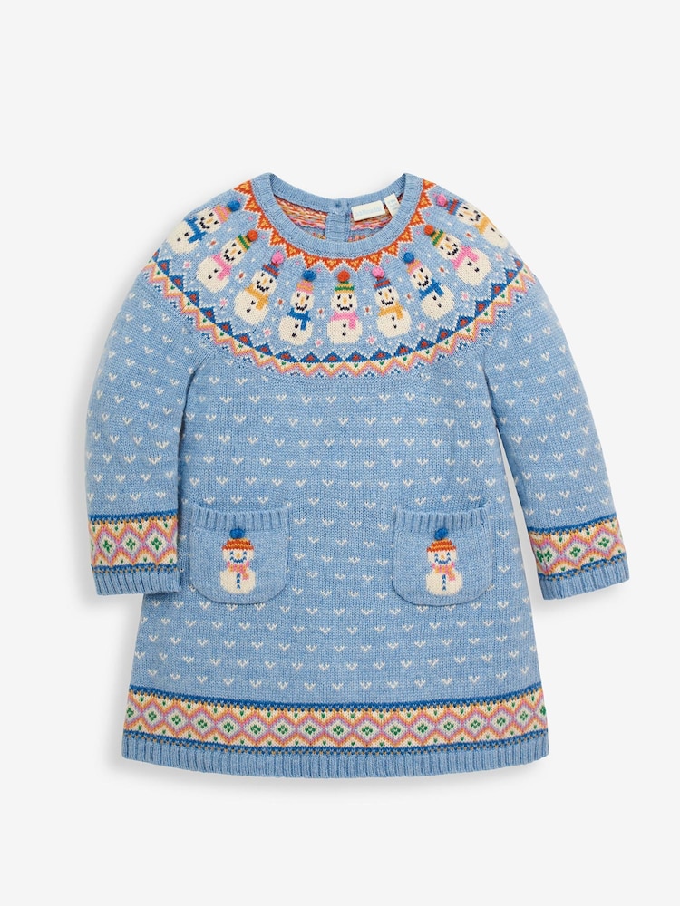 JoJo Maman Bébé Blue Snowman Fairisle Pattern Knitted Dress - Image 3 of 4