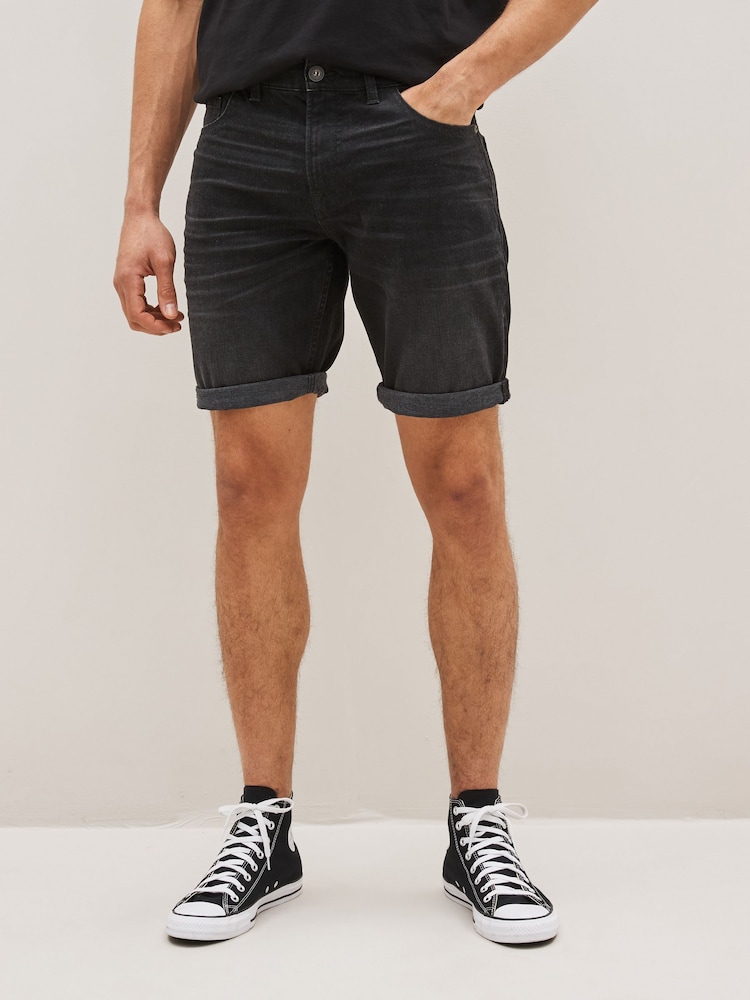 Washed Black Slim Stretch Denim Shorts - Image 1 of 4