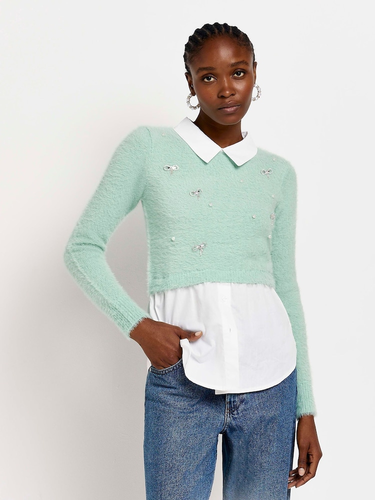 River Island Green Fluffy Hybrid 100% Cotton Top - Image 1 of 5