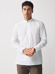 White Regular Fit Short Cotton Kurta - Image 1 of 6