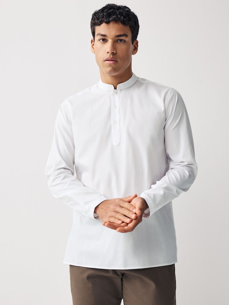 White Regular Fit Short Cotton Kurta - Image 1 of 6