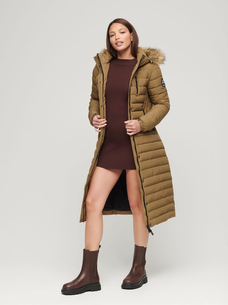 Brązowy - Długi, lekko ocieplany płaszcz puchowy Superdry z kapturem i sztucznym futerkiem - Image 1 of 9
