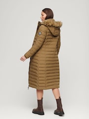 Brązowy - Długi, lekko ocieplany płaszcz puchowy Superdry z kapturem i sztucznym futerkiem - Image 2 of 9