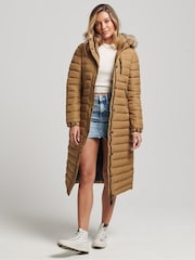 Brązowy - Długi, lekko ocieplany płaszcz puchowy Superdry z kapturem i sztucznym futerkiem - Image 4 of 9