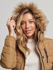 Brązowy - Długi, lekko ocieplany płaszcz puchowy Superdry z kapturem i sztucznym futerkiem - Image 8 of 9