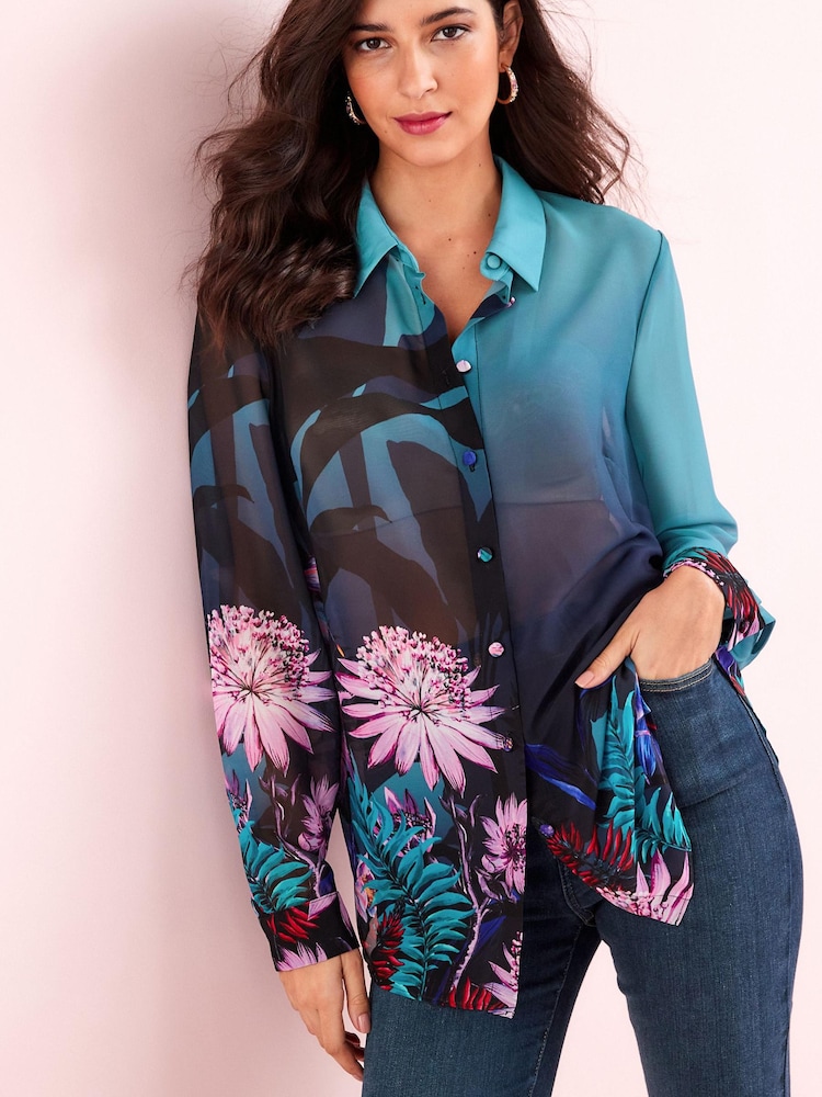 Teal Blue Placement Print Long Sleeve Print Sheer Shirt - Image 1 of 5 Teal Blue Placement Print Long Sleeve Print Sheer Shirt - Image 1 of 5